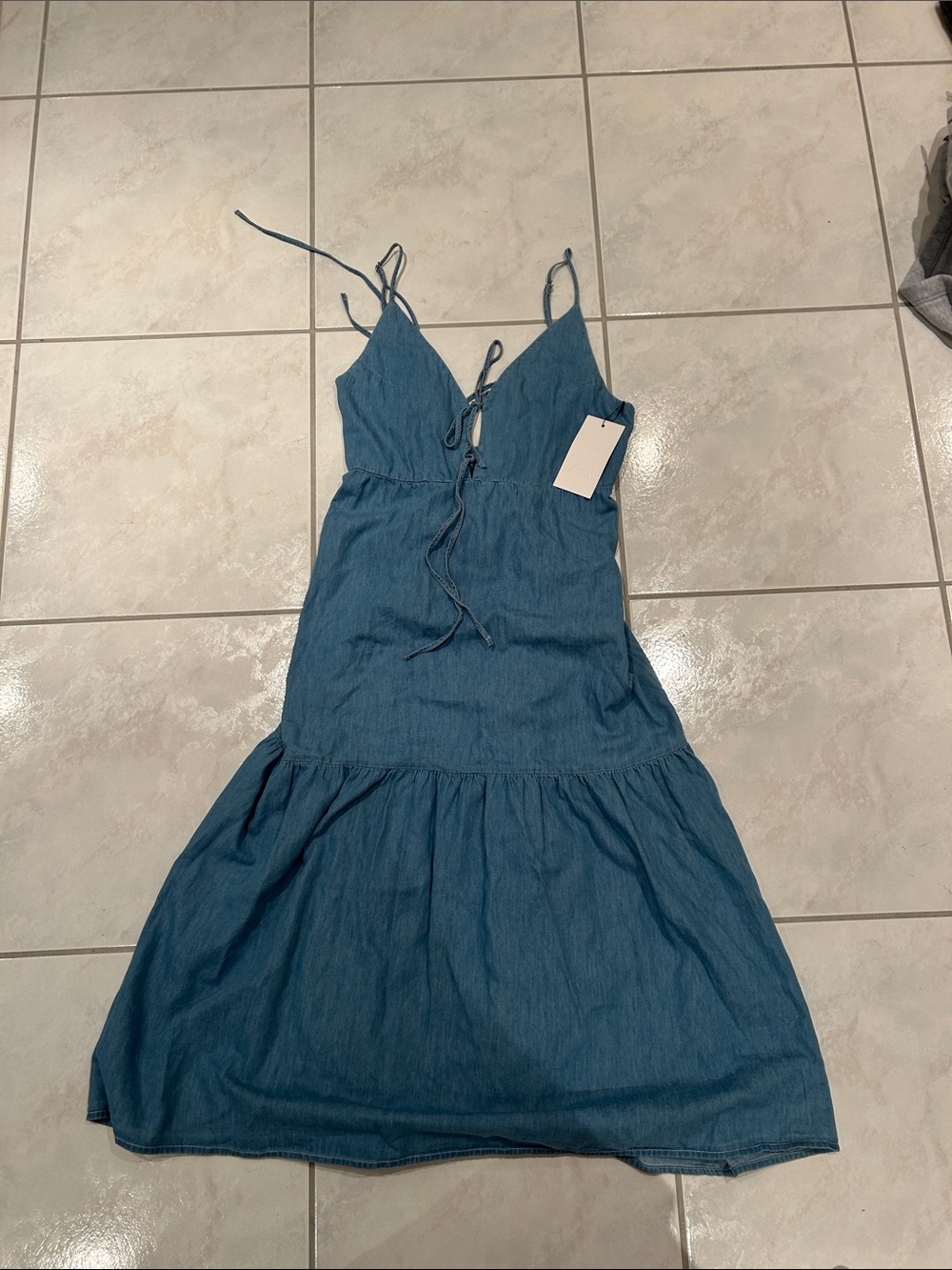 Zara Denim Blue Tie-Front Spaghetti Strap Midi Dress